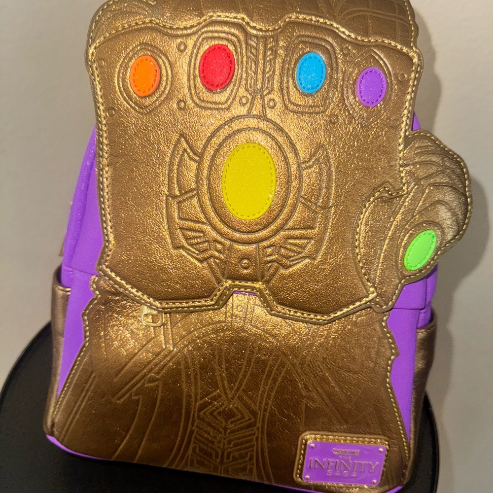Loungefly Gold and Purple Infinity Thanos Gauntlet Backpack